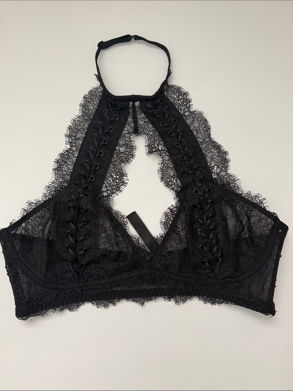 Victoria's Secret Black Lace Halter Bralette with Lace-Up Detail
